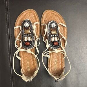 Nine West Brown and Cream Beaded Sandals
